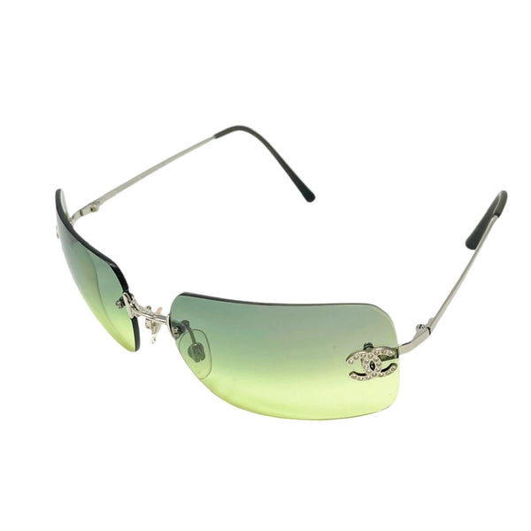 Chanel Green Rhinestone Rimless Sunglasses