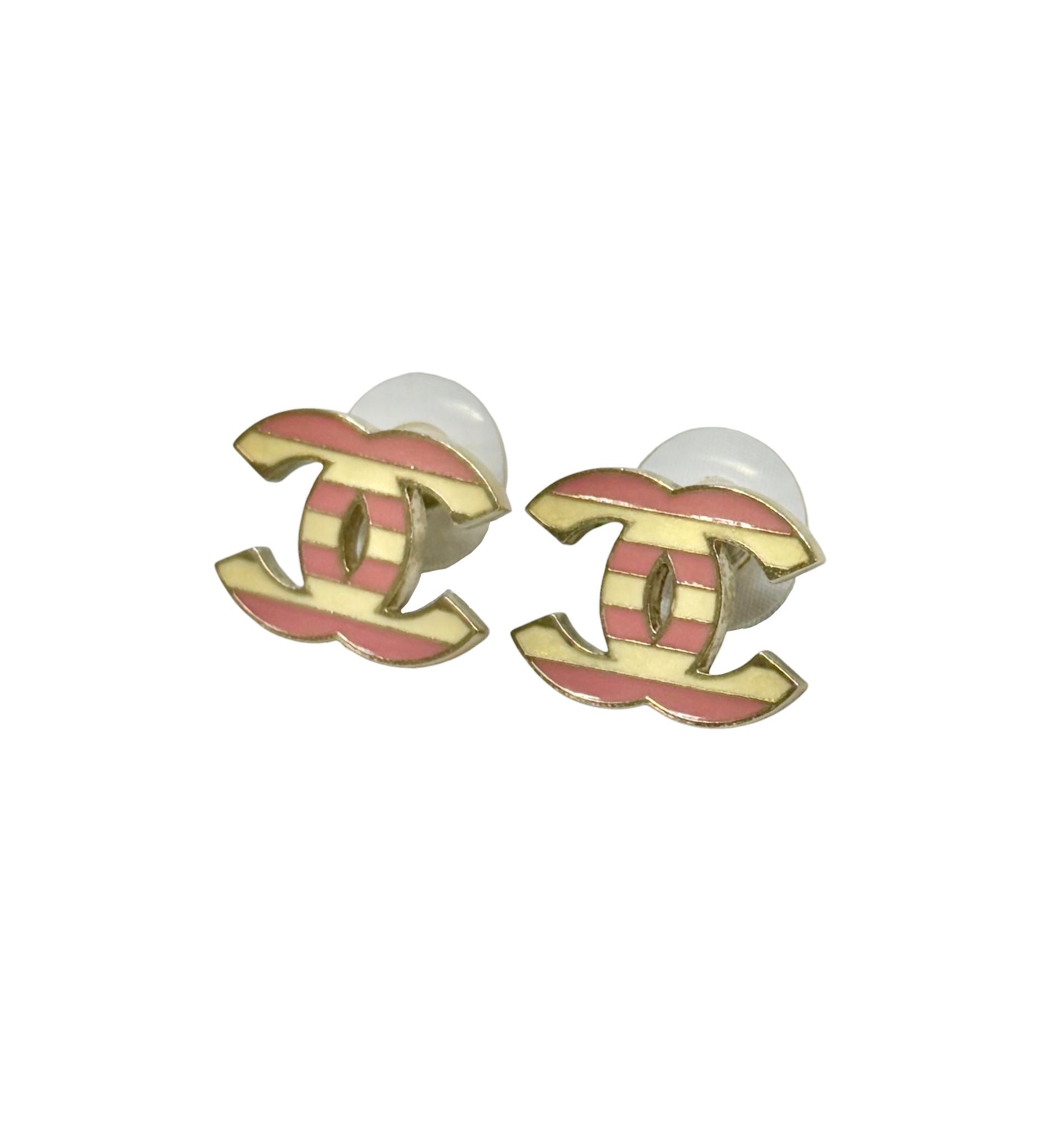 Chanel Pink Stripe Logo Earrings