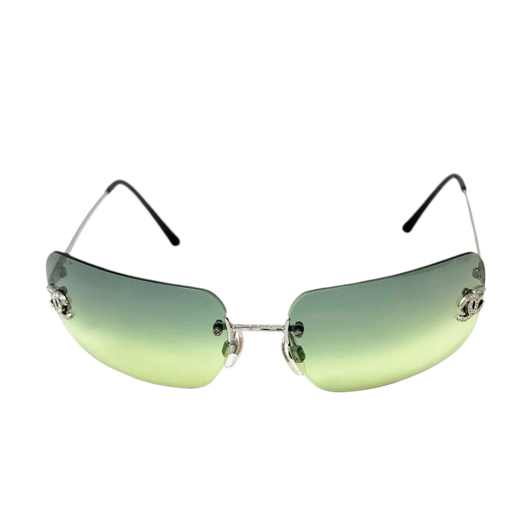 Chanel Green Rhinestone Rimless Sunglasses