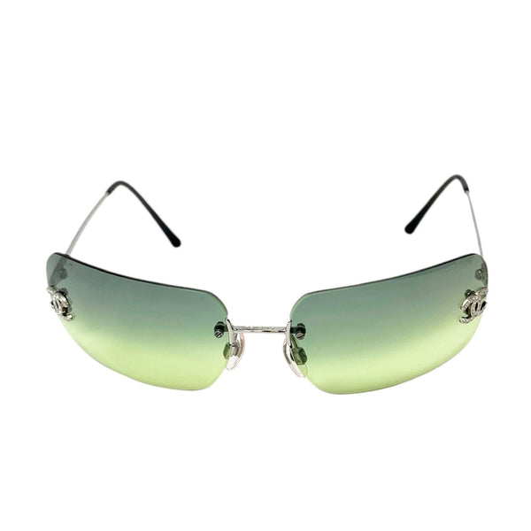 Chanel Green Rhinestone Rimless Sunglasses