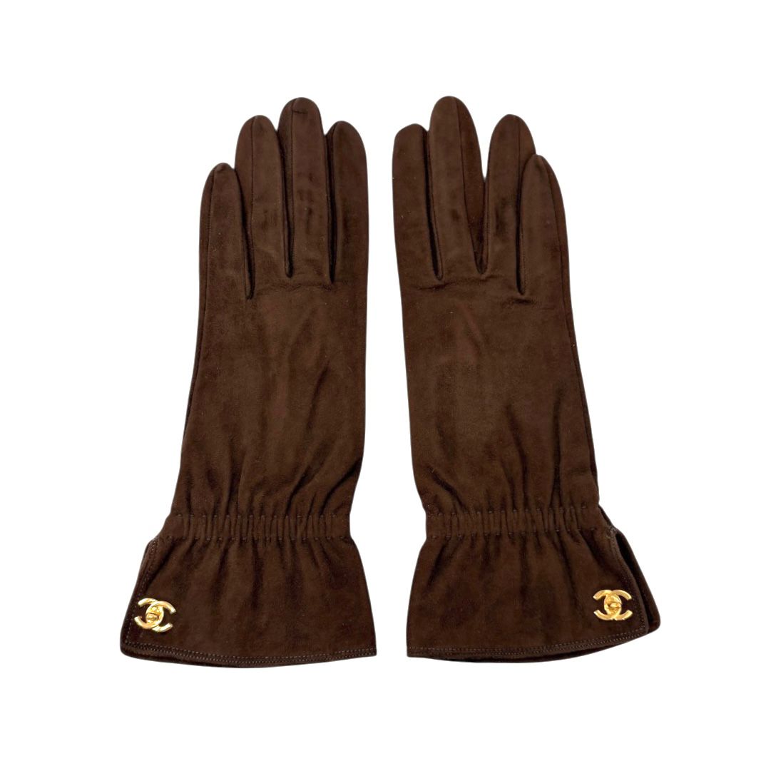 Chanel Brown Suede Turnlock Logo Gloves