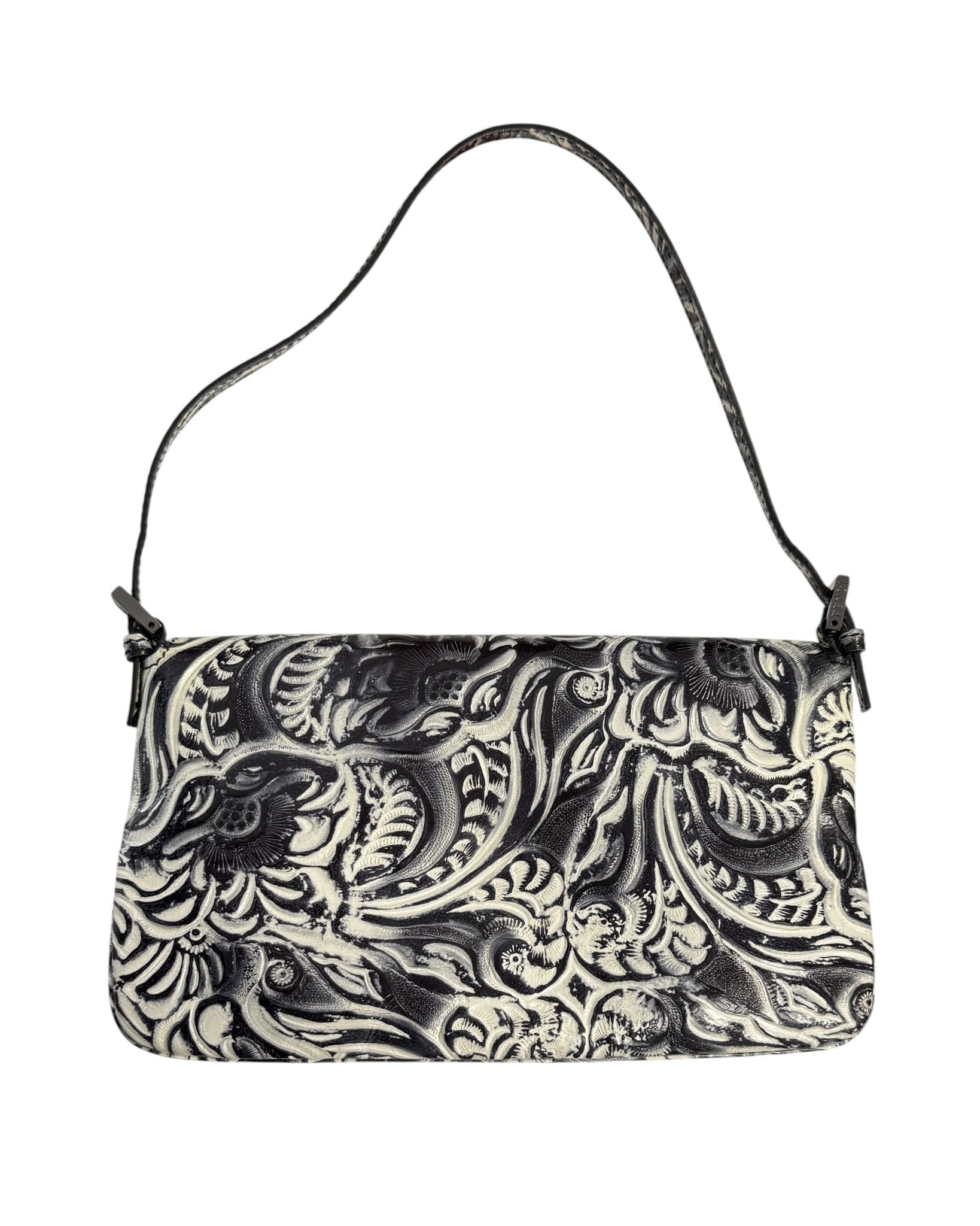 Fendi Grey + Ivory Embossed Leather Baguette Bag
