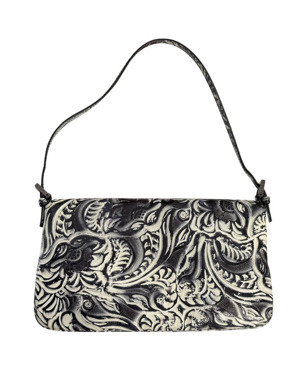 Fendi Grey + Ivory Embossed Leather Baguette Bag