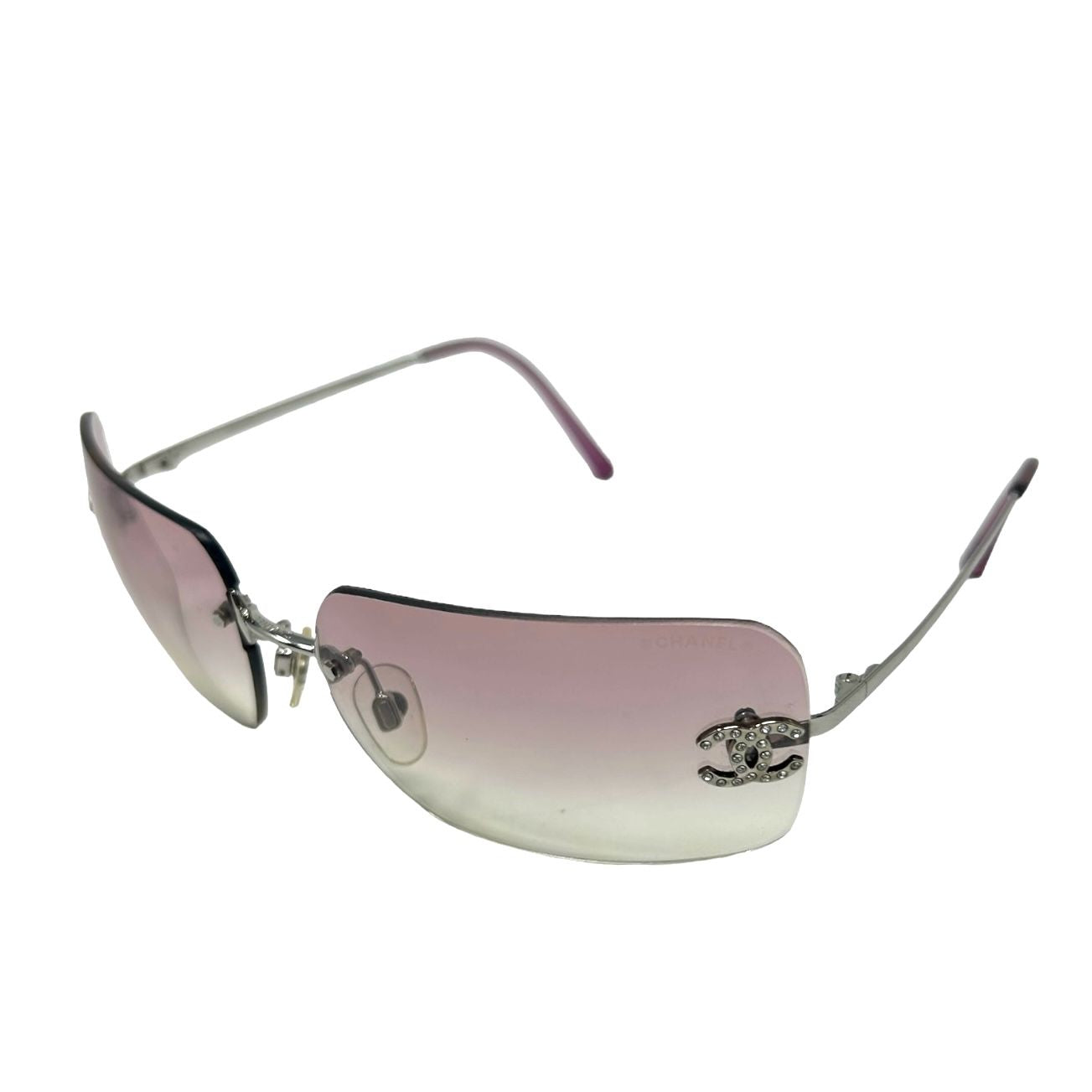 Chanel Purple Rhinestone Logo Rimless Sunglasses