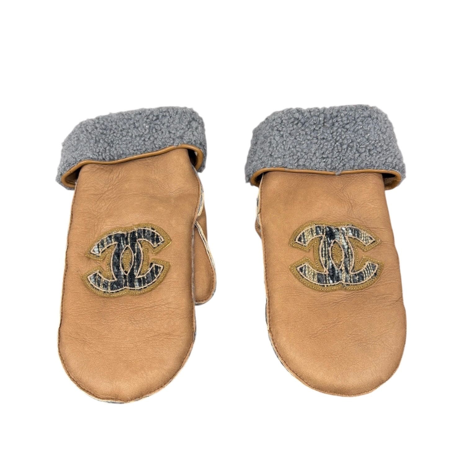 Chanel Tan Shearling Logo Mittens