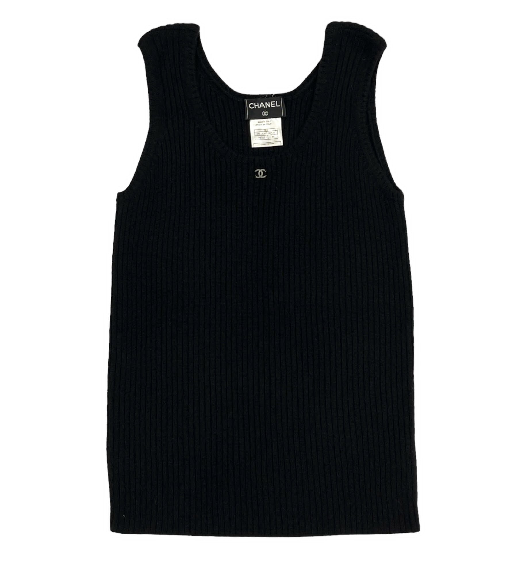 Chanel Black Ribbed Logo Tank Top