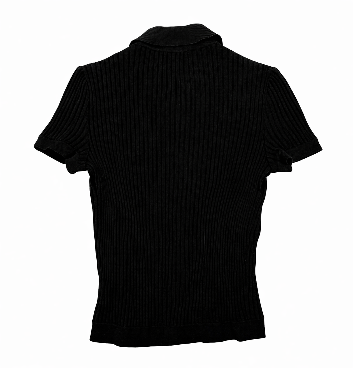 Chanel Black Ribbed Logo Short Sleeve Button Down