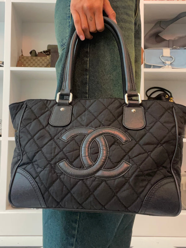 Chanel Black Jumbo Logo Quilted Tote