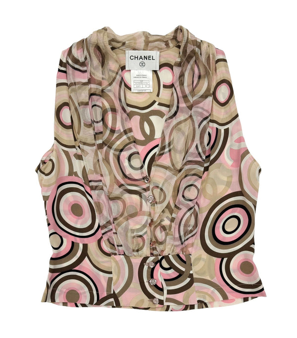 Chanel Silk Pink + Brown Circle Print Tank