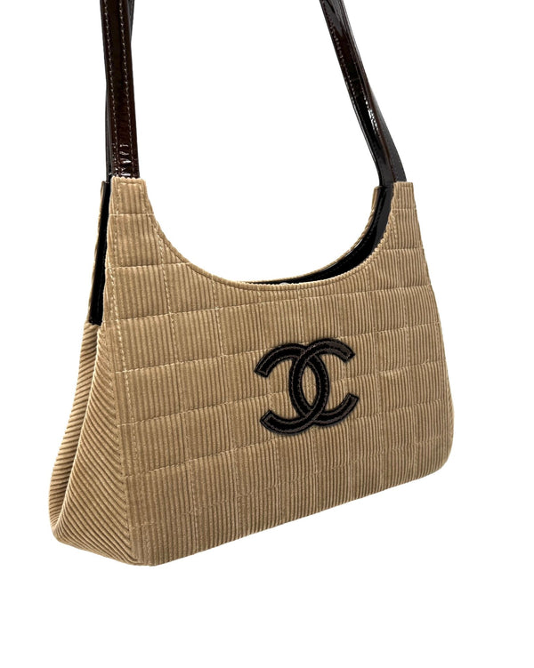 Chanel Brown Corduroy Quilted Logo Shoulder Bag