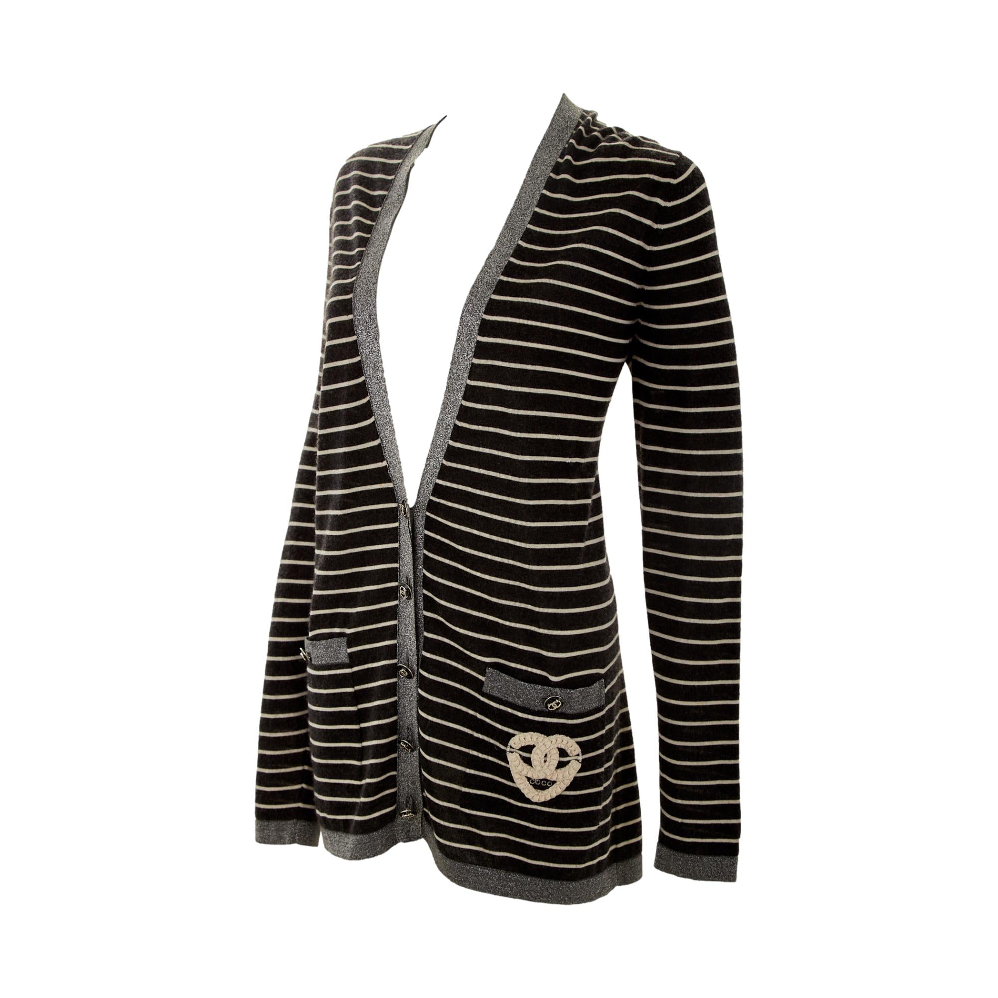 Chanel Gray Striped Heart Logo Cardigan