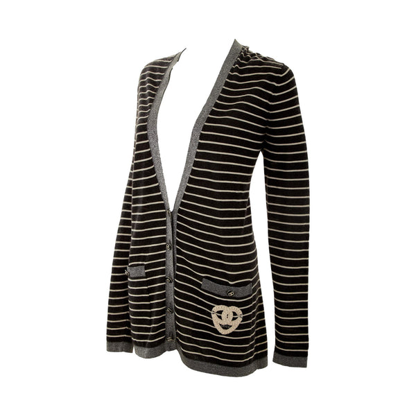 Chanel Gray Striped Heart Logo Cardigan
