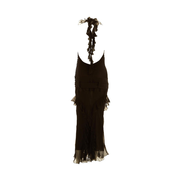 John Galliano Black Belted Silk Ruffle Gown