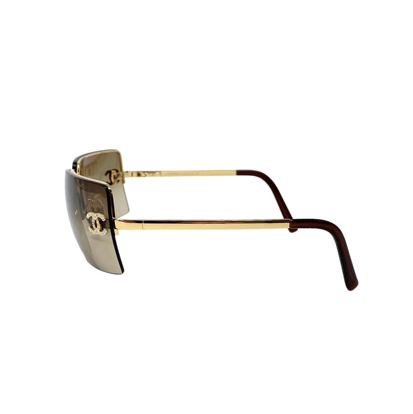 Chanel Brown Rhinestone Logo Rimless Sunglasses