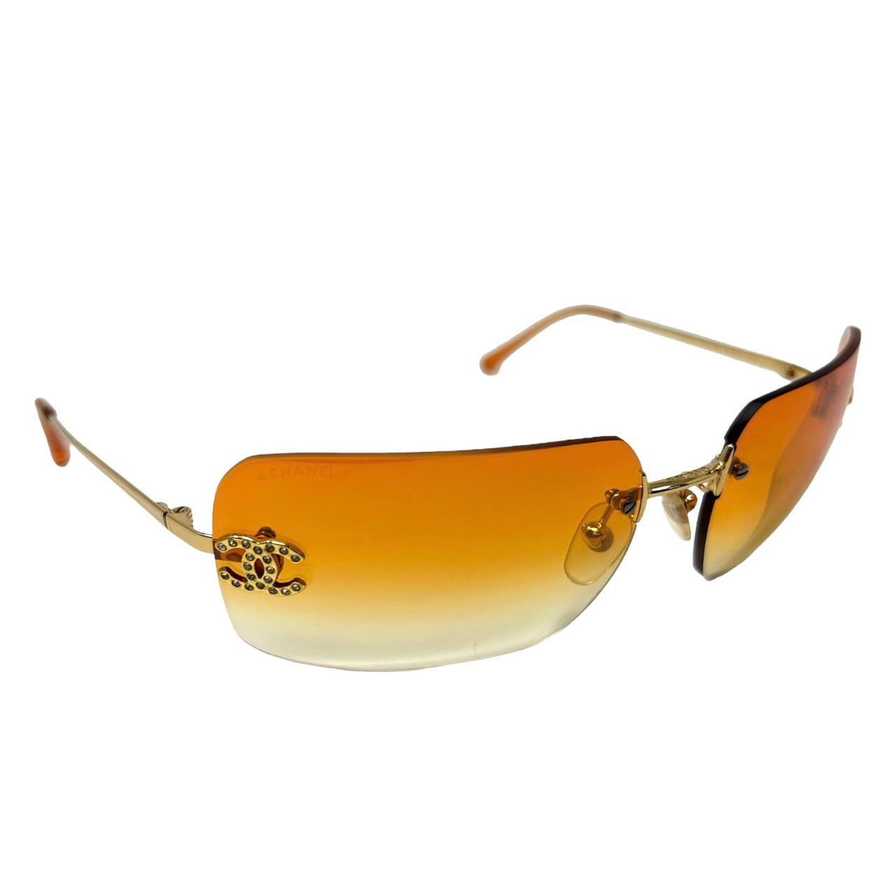 Chanel Orange Rhinestone Logo Rimless Sunglasses