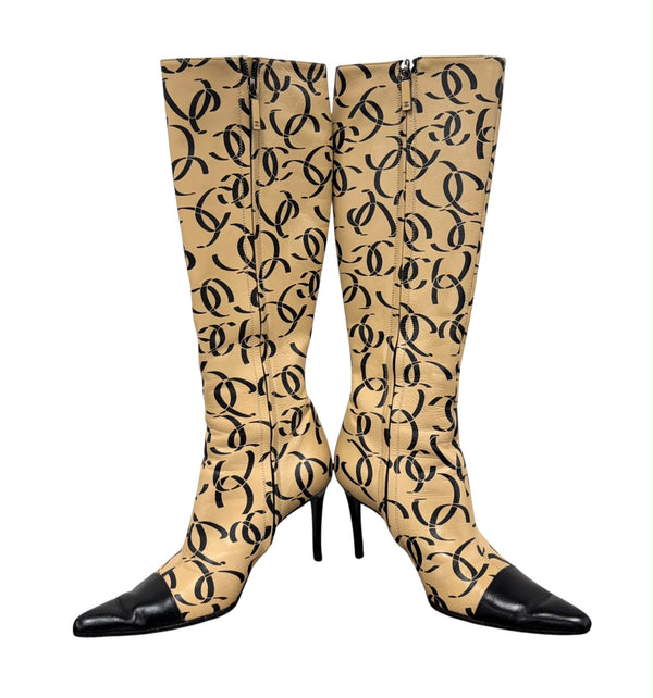 Chanel Tan Logo Knee-High Boots