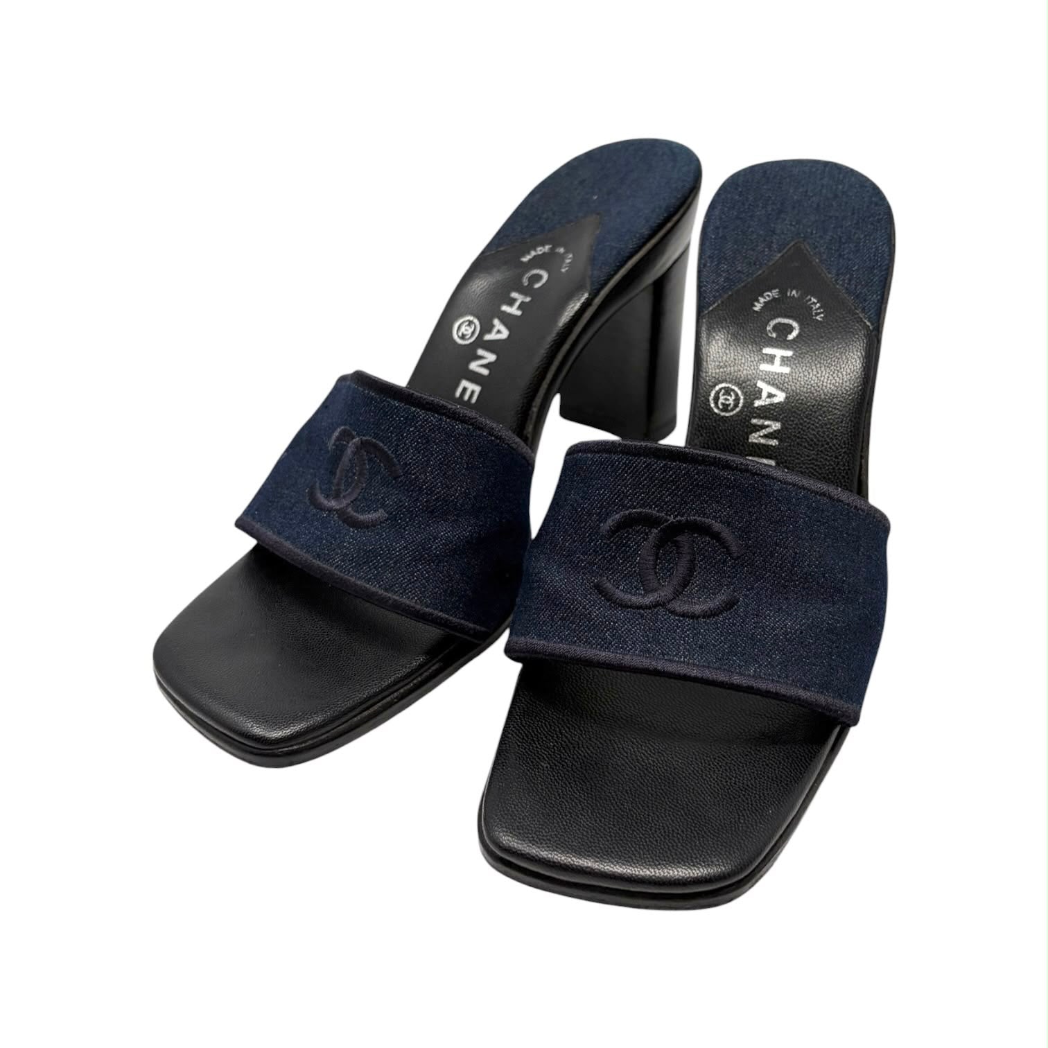 Chanel Denim Logo Block Heels