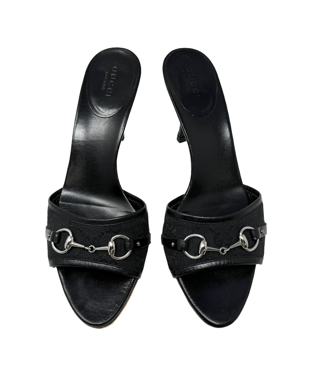 Gucci Black Horsebit Logo Heels