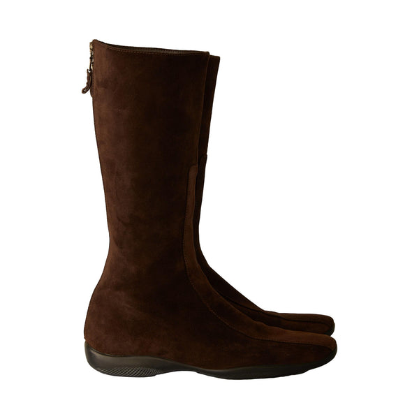 PRADA ブラウン クロコダイル風 ロングブーツ Prada Brown Suede Rubber Sole Boots – Treasures of NYC