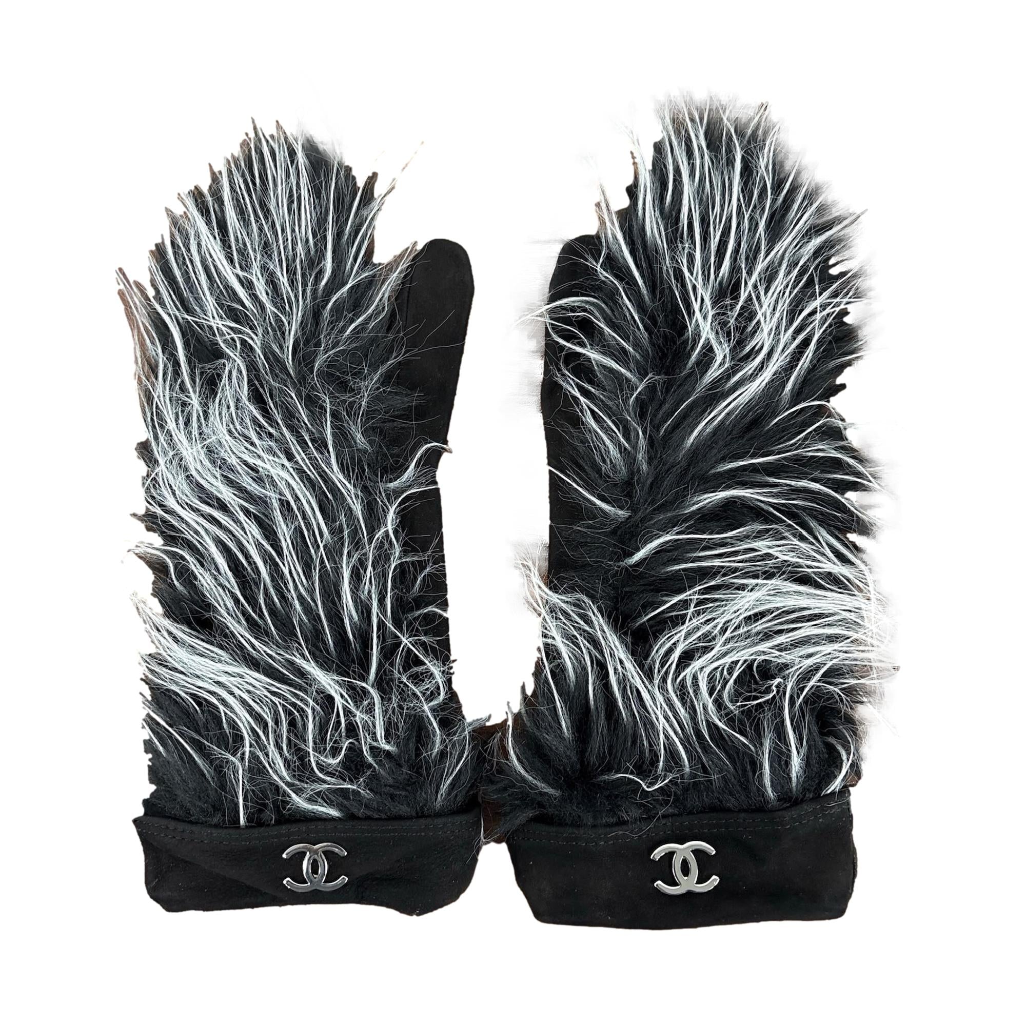 Chanel Black & White Fur Mittens