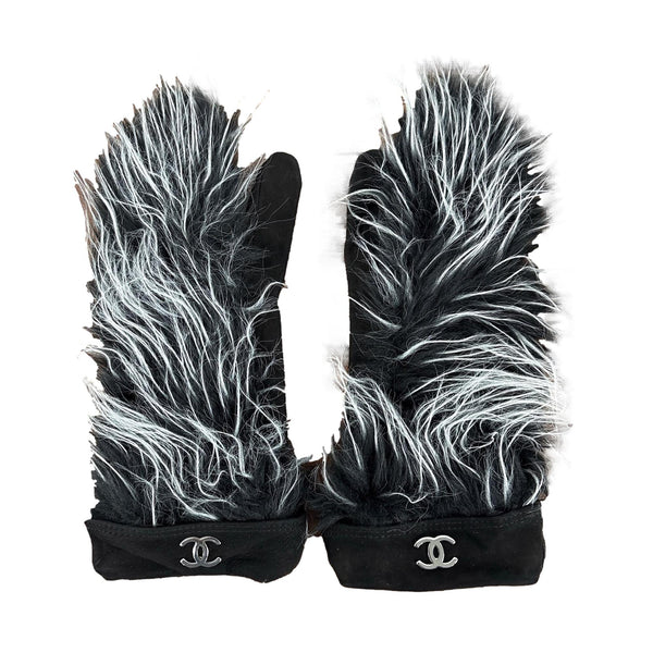 Chanel Black & White Fur Mittens