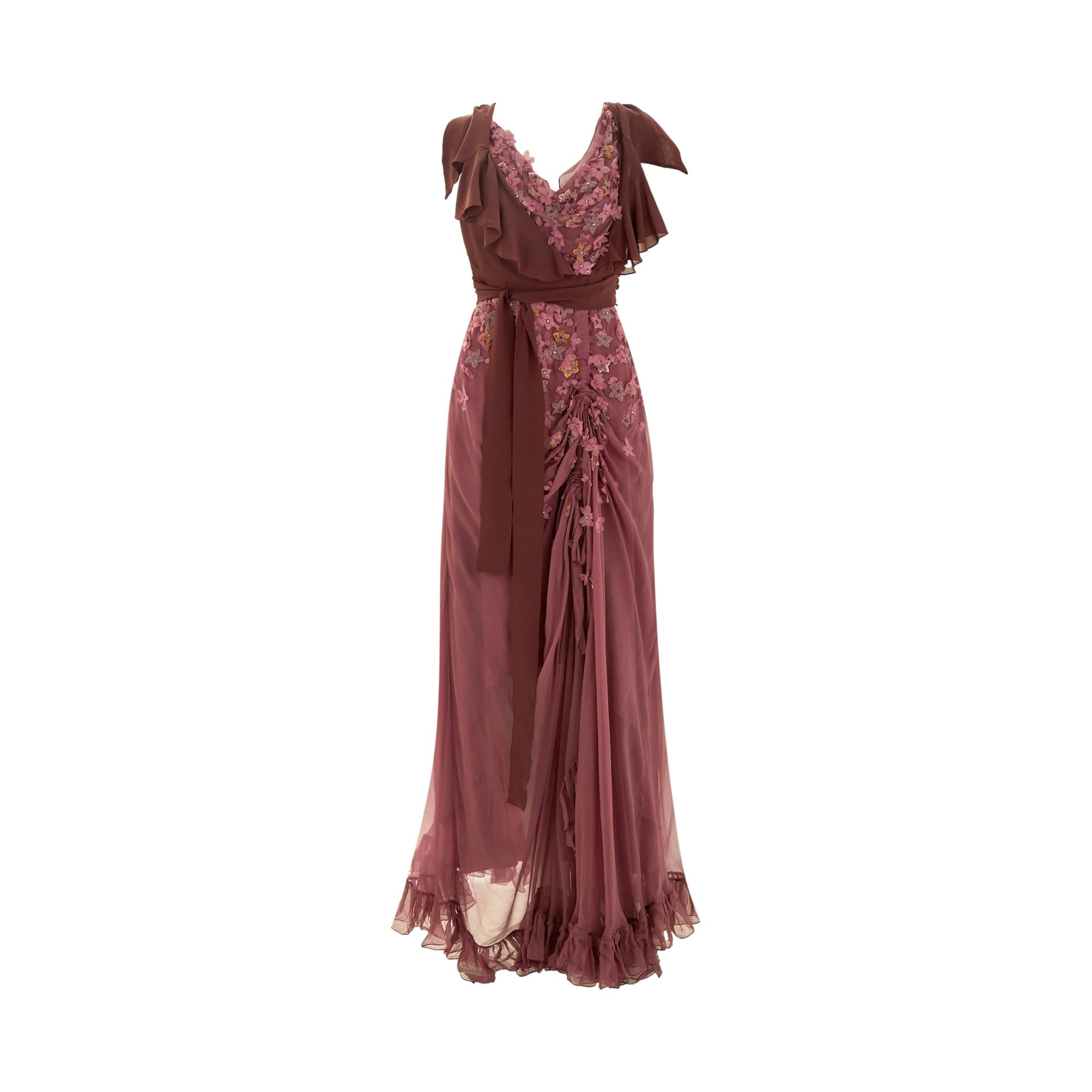 Dior Mauve Floral Appliqué Chiffon Evening Gown