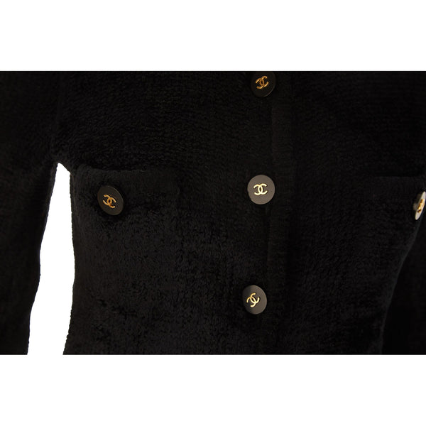 Chanel Black Chenille Logo Button Jacket