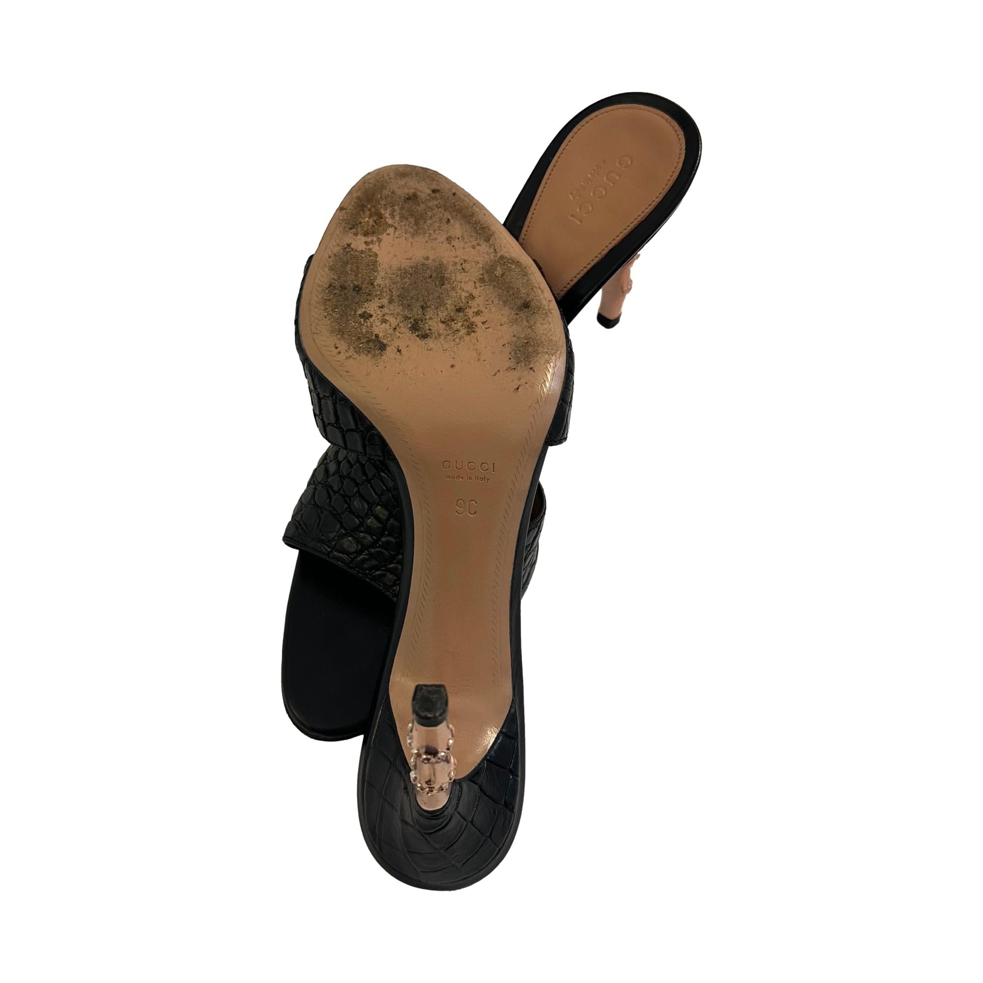 Gucci Black Embossed Leather Bamboo Heels