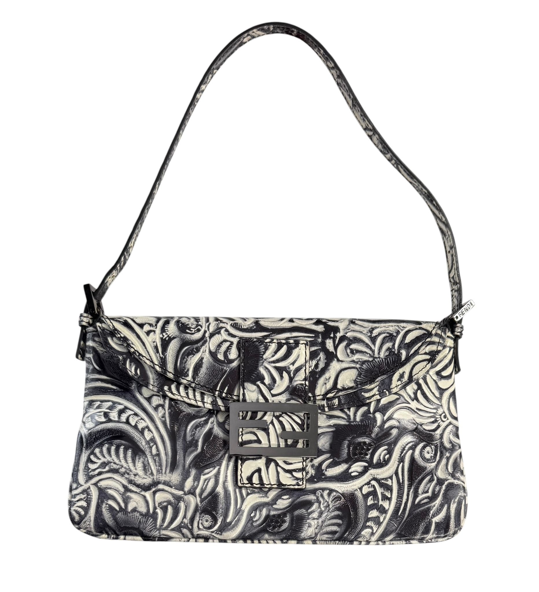 Fendi Grey + Ivory Embossed Leather Baguette Bag