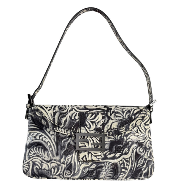 Fendi Grey + Ivory Embossed Leather Baguette Bag