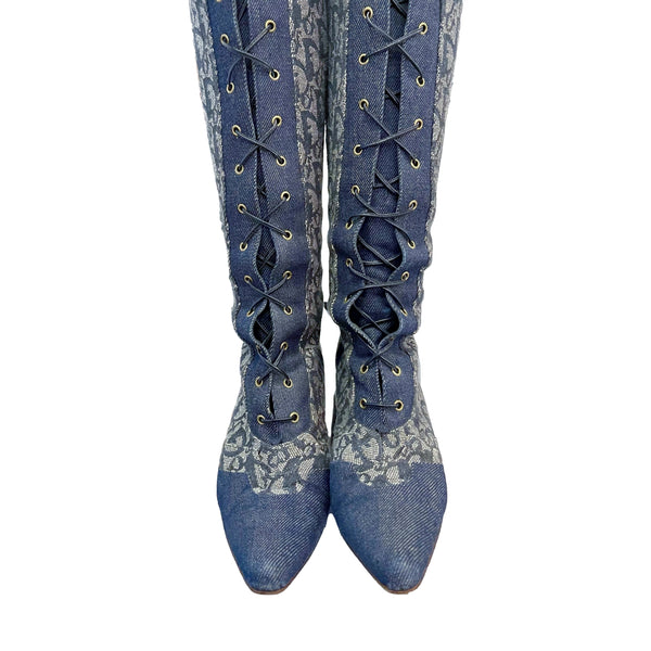 Dior Denim Logo Lace-Up Knee Boots