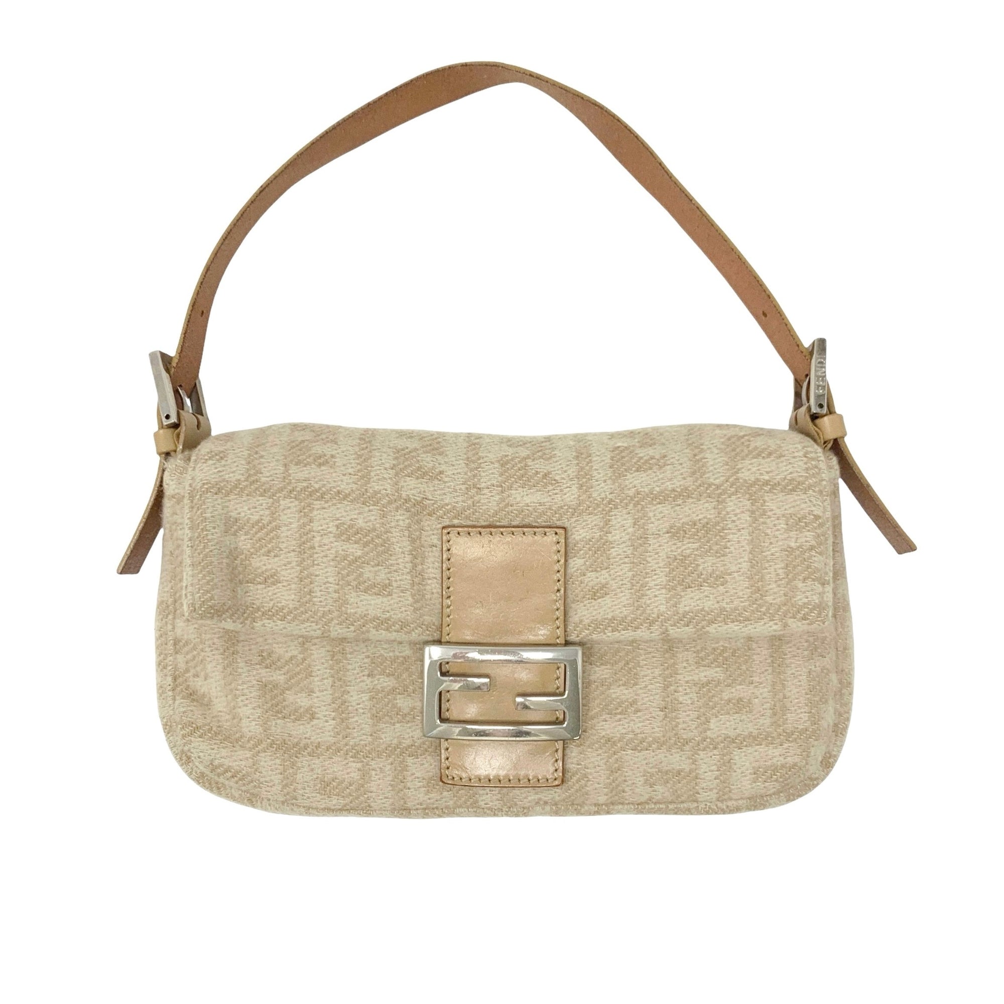 Fendi Tan Wool Logo Baguette Bag