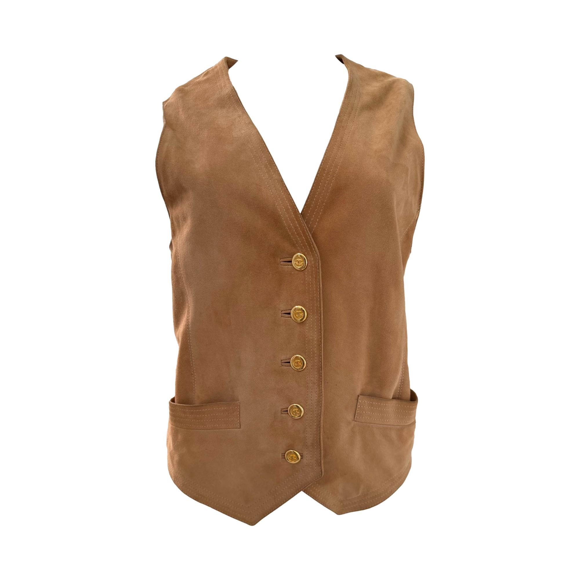 Chanel Tan Suede Logo Button Vest