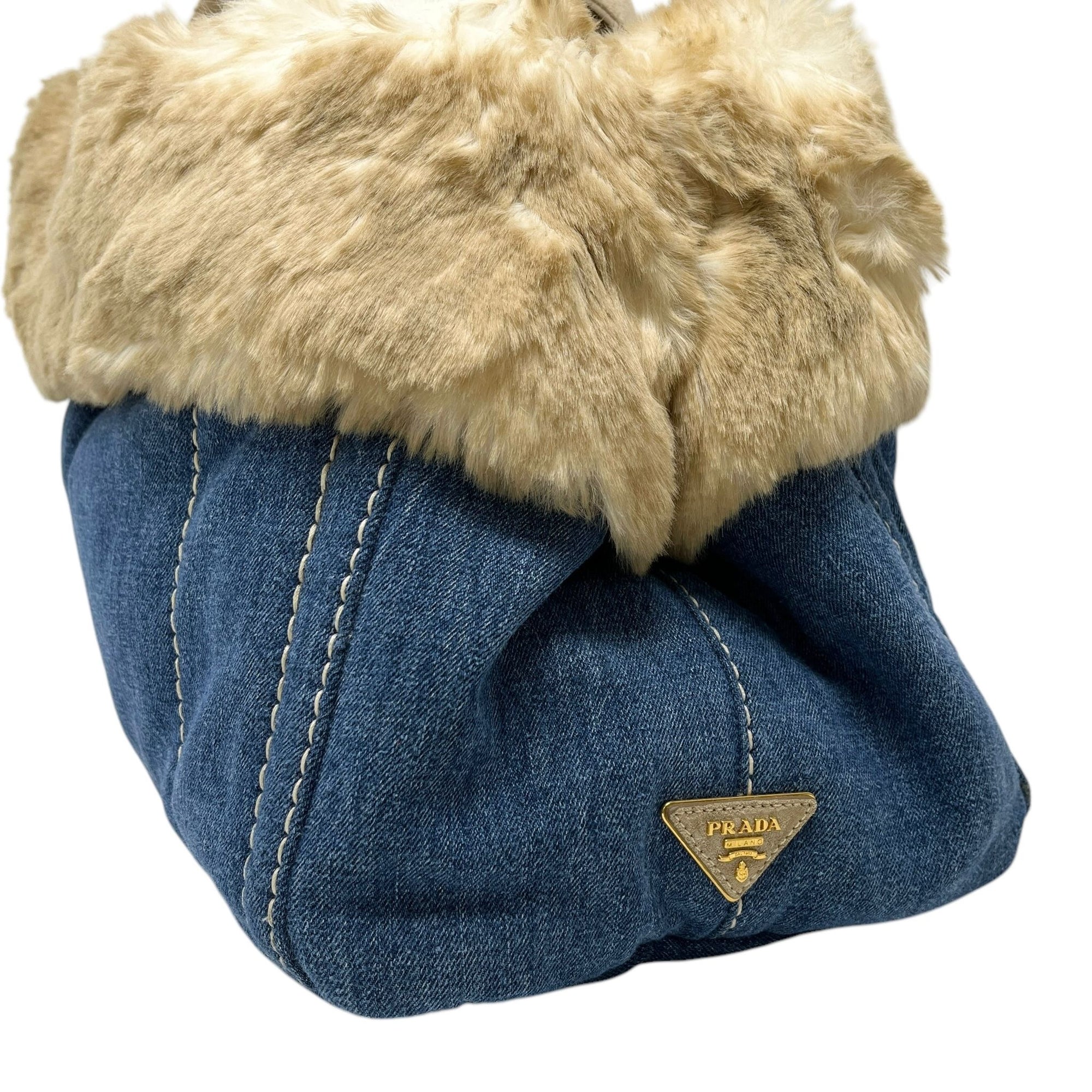 Prada Blonde Fur Denim Top Handle Bag