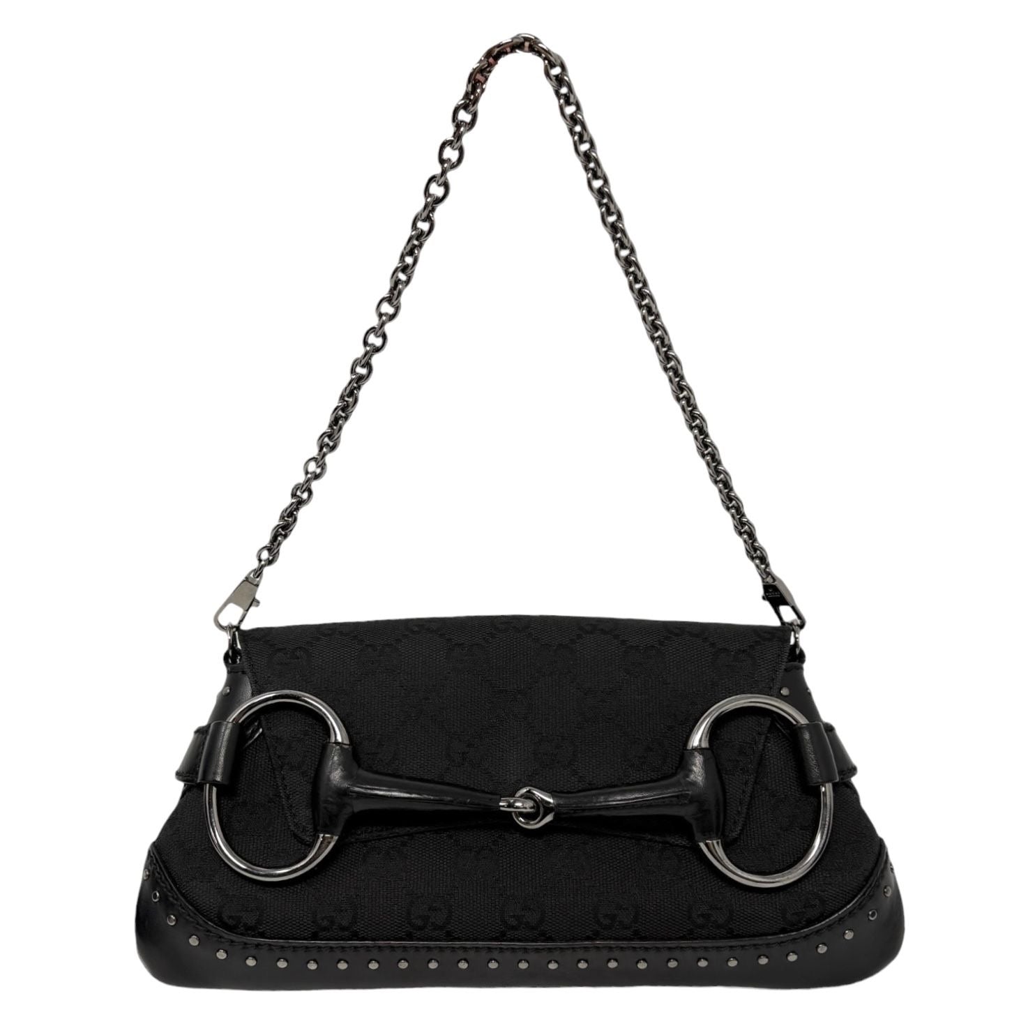 Gucci Black Studded Horsebit Logo Chain Bag