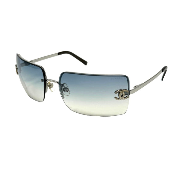 Chanel Blue Rhinestone Logo Rimless Sunglasses