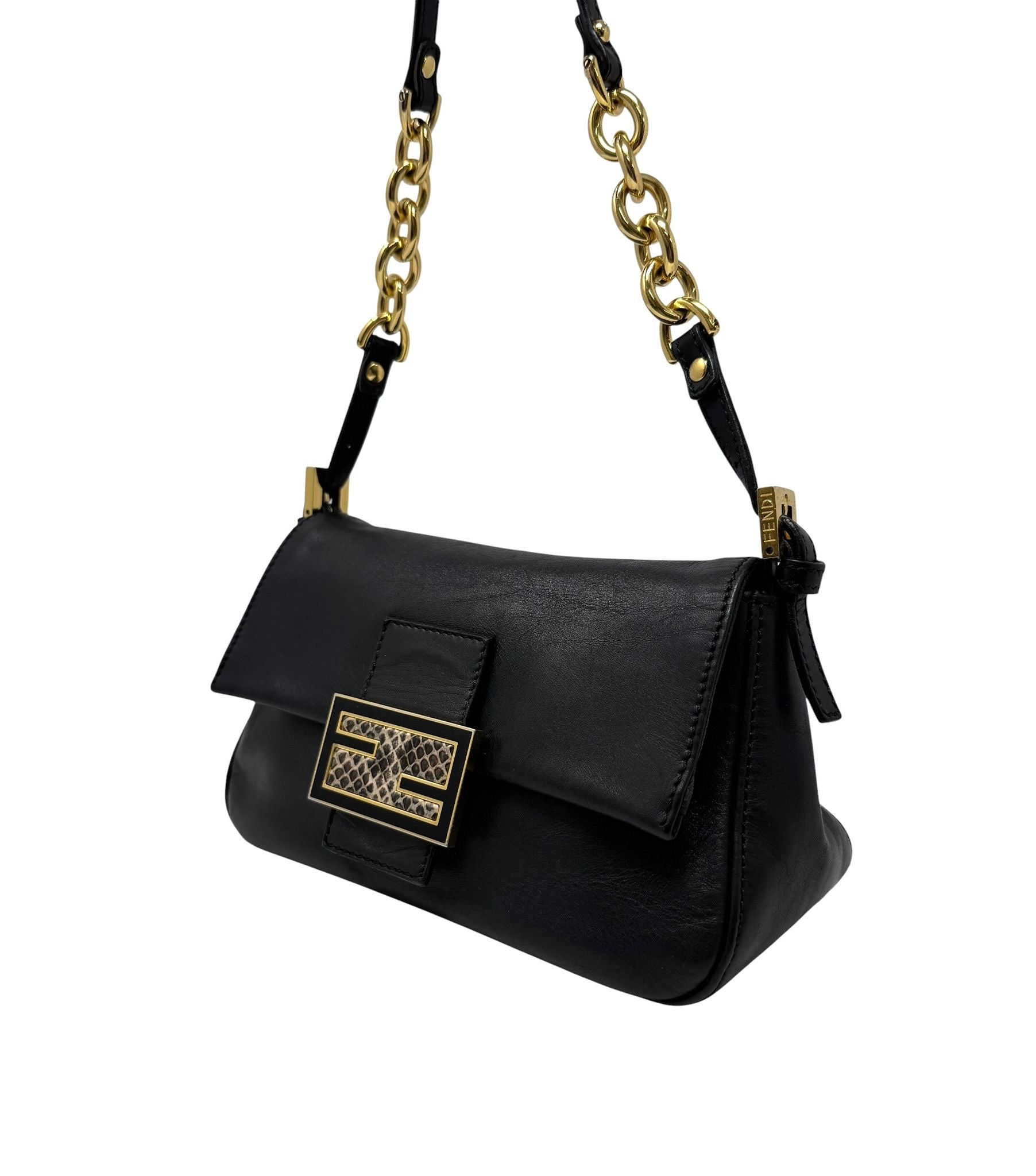 Fendi Black Snake Clasp Baguette Bag