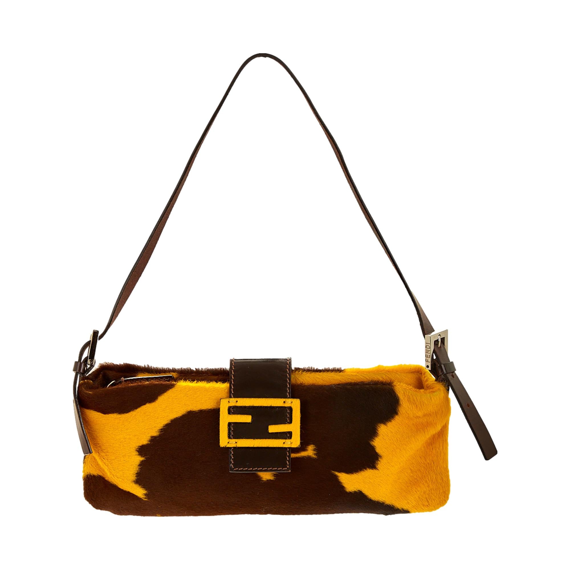 Fendi Yellow Cow Print Baguette Shoulder Bag