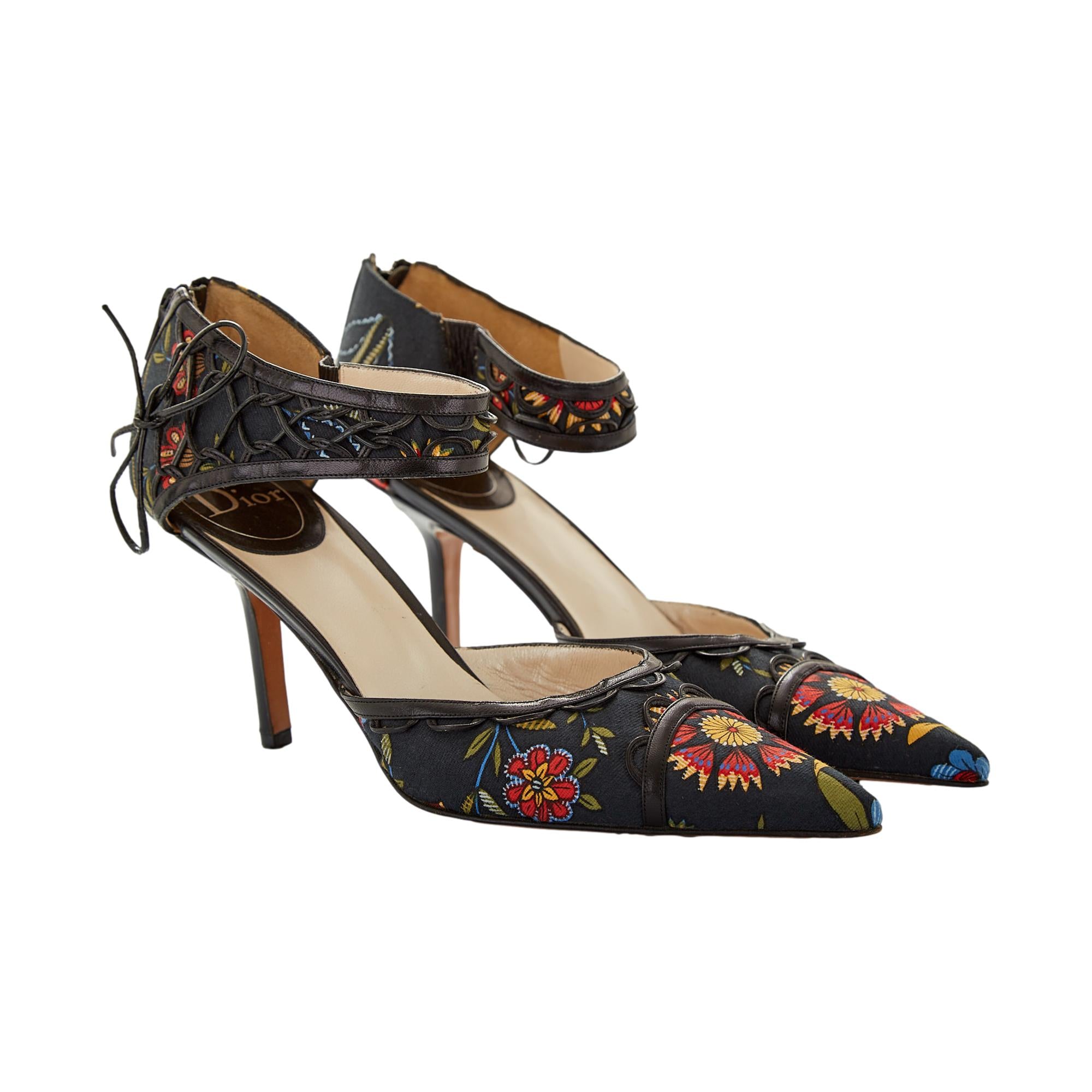Christian Dior Multi Floral Lace Ankle Strap Heels