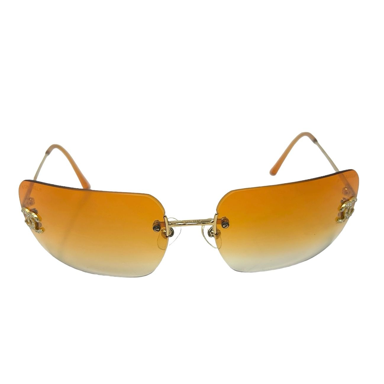 Chanel Orange Rhinestone Logo Rimless Sunglasses