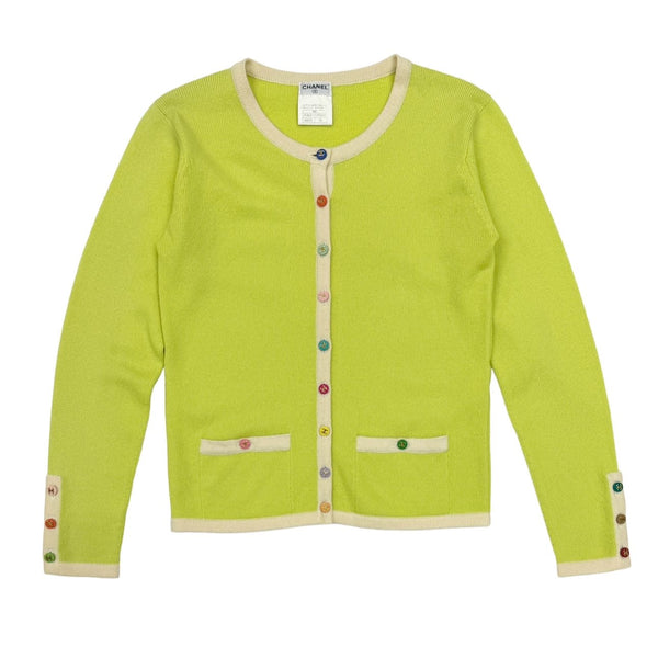 Chanel Lime Green Multicolor Logo Button Cardigan Top