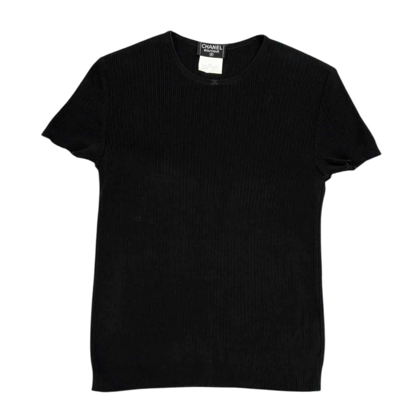 Chanel Black Ribbed Logo Short Sleeve Top