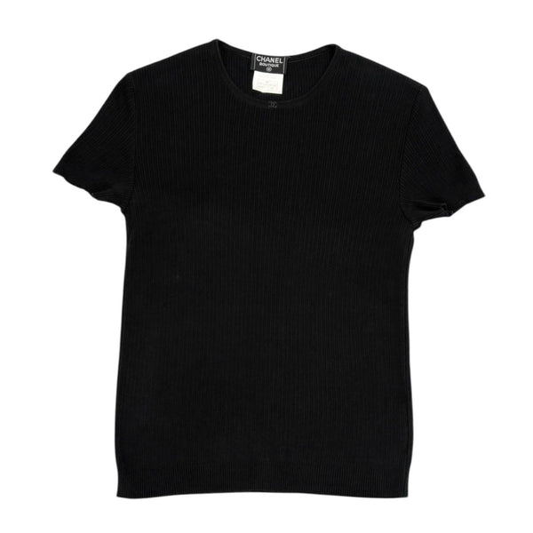 Chanel Black Ribbed Logo Short Sleeve Top
