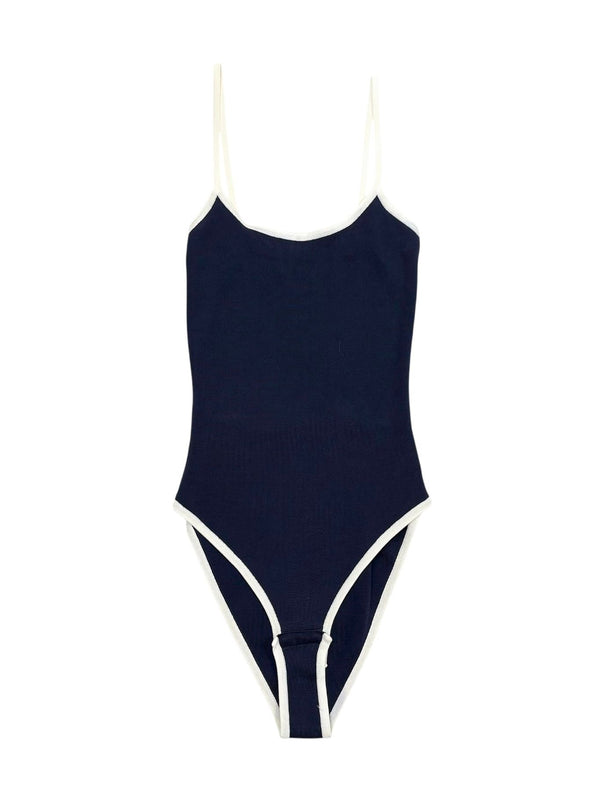 Chanel Navy Logo Button Bodysuit