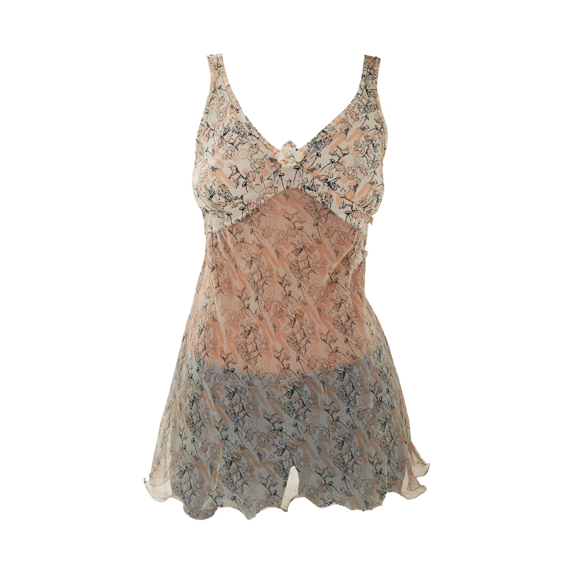 Chanel Peach Mademoiselle Print Silk Top