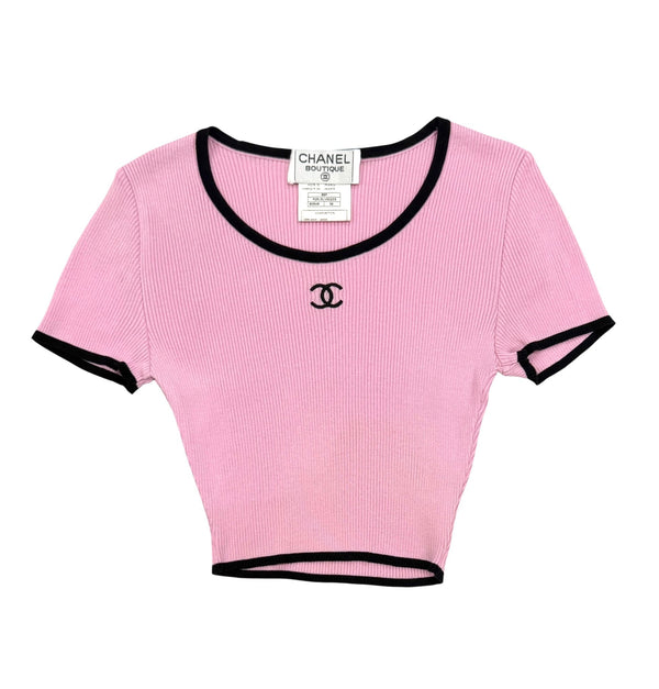 Chanel Pink Ribbed Logo Cropped Top