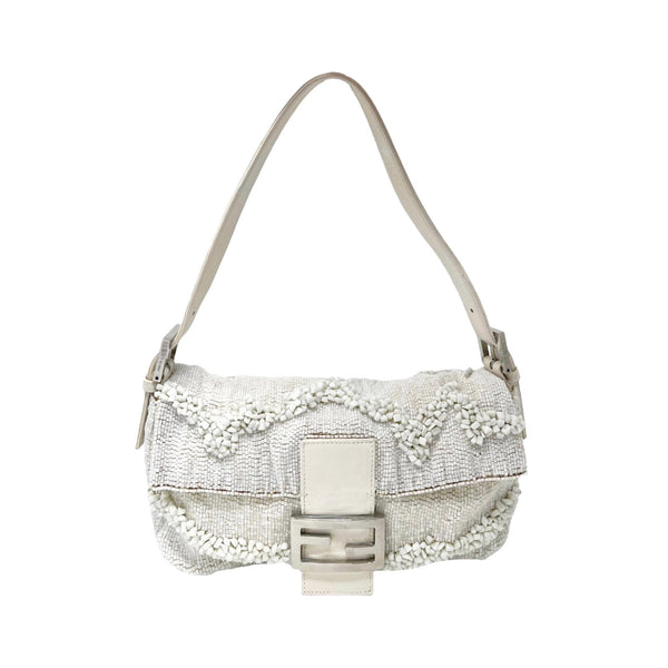 Fendi White Stone Beaded Baguette Bag