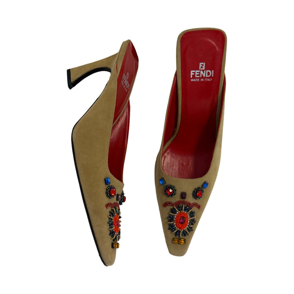 Fendi Suede Embellished Mules