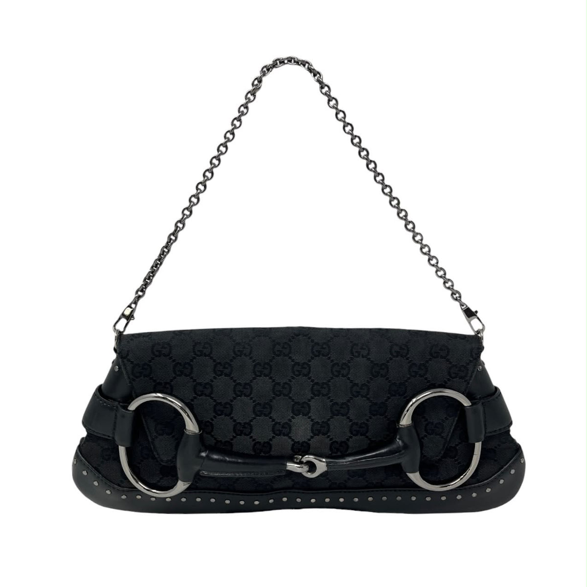 Gucci Black Studded Horsebit Logo Chain Bag