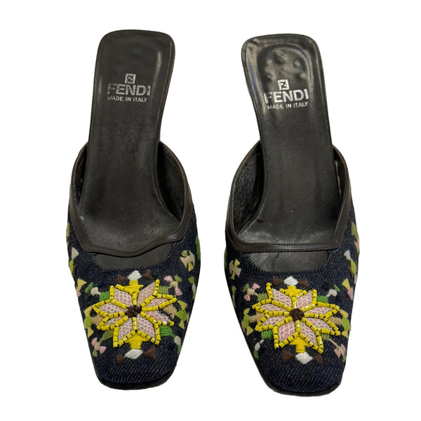 Fendi Denim Beaded Mules